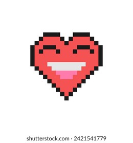 Grinning face with smiling eyes, happy face, smile face. Pixel style heart emoji. 90s style heart shaped emoticon. Vintage love emoticons flat design. Pixelated retro game 8 bit design illustration.