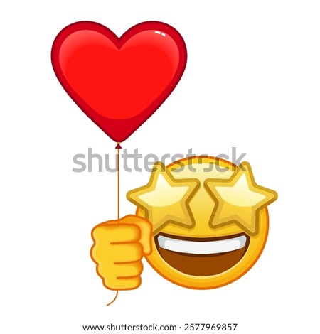 A grinning face with starry eyes with red heart baloon Large size of yellow emoji smile