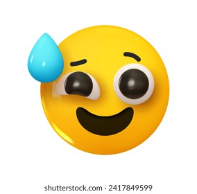 Grinning Face with Sweat Emoji. Emotion 3d cartoon icon. Yellow round emoticon. Vector illustration