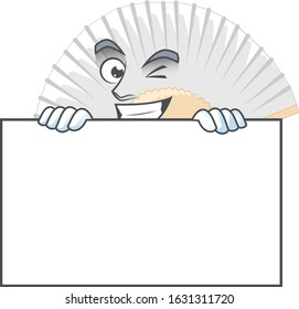 Grinning face white chinese folding fan cartoon character style hides behind a board