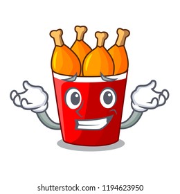 Grinning fried chicken in red bucket cartoon