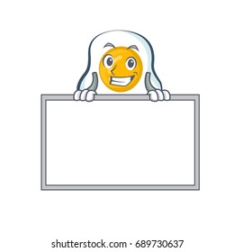 Grinning fried egg character cartoon with board