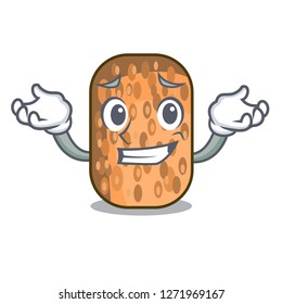 Grinning fried tempeh in bowl character wooden