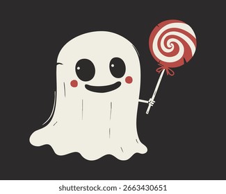 Fantasma sonriente sosteniendo una Grande piruleta de remolino rojo, flotando sobre fondo negro con brillantes mejillas ruborizadas. Divertido ambiente de Halloween. Ilustración vectorial.