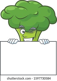 Grinning green broccoli cartoon character style hides behind a board