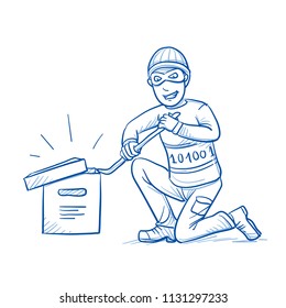 Grinning hacker or thief breaking digital data box open. Concept for cyber crime, data theft. Hand drawn line art cartoon vector illustration