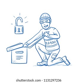 Grinning hacker or thief breaking digital data box open, with open lock icon. Concept for cyber crime, data theft. Hand drawn line art cartoon vector illustration