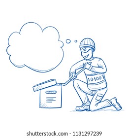 Grinning hacker or thief breaking digital data box open, with thought bubble. Concept for cyber crime, data theft. Hand drawn line art cartoon vector illustration