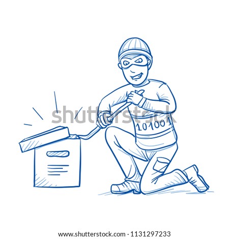 Grinning hacker or thief breaking digital data box open. Concept for cyber crime, data theft. Hand drawn line art cartoon vector illustration