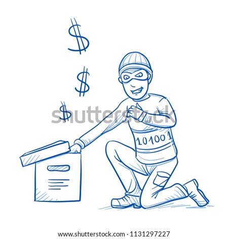 Grinning hacker or thief stealing files and money from digital data box. Concept for cyber crime, data theft. Hand drawn line art cartoon vector illustration