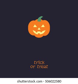 Grinning Halloween pumpkin. Vector postcard with the 'tick or treat' label