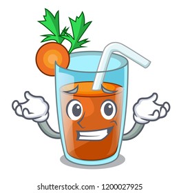 Grinning homemade carrot smoothie in cartoon glass