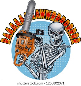 grinning human skeleton holding chainsaw