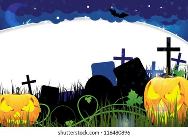  Grinning Jack o Lanterns with glowing eyes on a night cemetery. Abstract Halloween  background