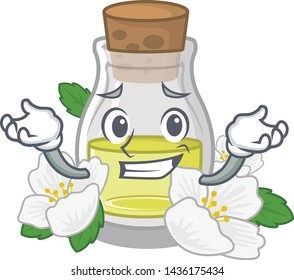 Grinning jasmine oil bottle above mascot table