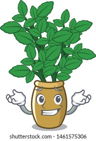Grinning lemon balm in a mascot pot