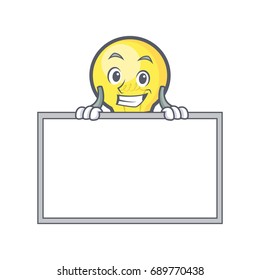 Grinning light bulb character cartoon with board