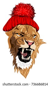 A grinning lion, in a knitted red hat with a pompon 
