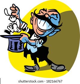 Grinning Magician pulling rabbit out of hat
