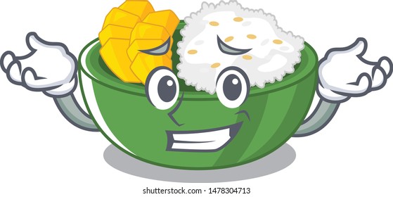 Grinning mango sticky rice in cartoon plate