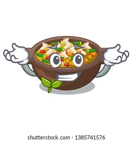 Grinning minestrone is served in cartoon bowl