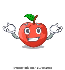 Grinning nectarines cartoon with green leaves character