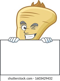Grinning parsnip cartoon character style hides behind a board