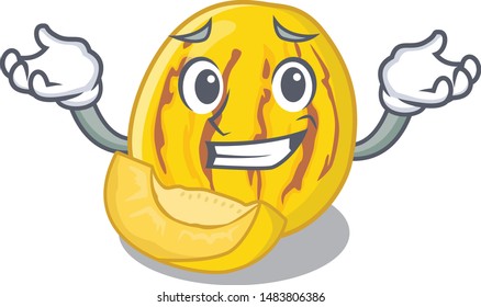 Grinning pepino melon in a cartoon basket