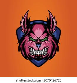 grinning pink beast mascot logo with emblem ,this cool and fierce image is suitable for e - sport team logos or extreme sports like skateboard etc, can be used t-shirt or merchandise design