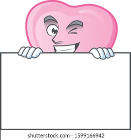 Grinning pink love balloon cartoon character style hides behind a board