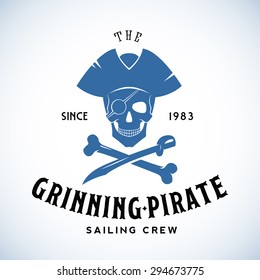 The Grinning Pirate Sailing Crew Abstract Vector Retro Logo Template or Vintage Label with Typography. Isolated