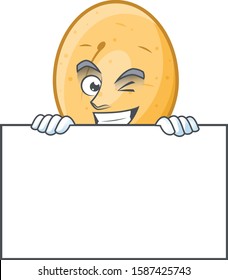Grinning potato cartoon character style hides behind a board