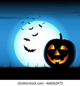 Grinning pumpkin with bats on blue background halloween