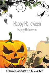 Grinning pumpkin head on an abstract floral background