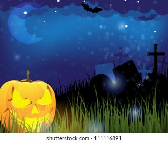 Grinning pumpkin head on a night cemetery. Abstract Halloween  background