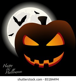 Grinning pumpkin lantern in front of a full moon. Halloween background Vector