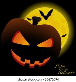 Grinning pumpkin lantern at night on a full moon. Halloween background Vector