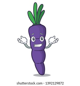 Grinning purple carrot in a cartoon basket