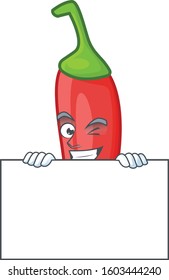 Grinning red chili cartoon character style hides behind a board