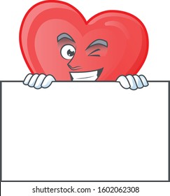 Grinning red love cartoon character style hides behind a board