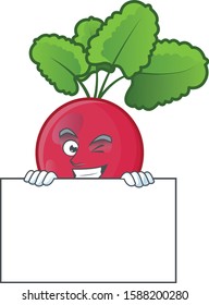 Grinning red radish cartoon character style hides behind a board