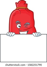 Grinning santa bag close cartoon character style hides behind a board