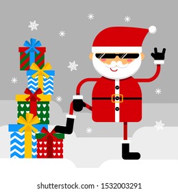 Grinning  Santa  with devil horns gesture with a bunch of presents. vector illustration