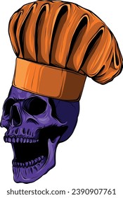 Grinning skull in chef hat. Cartoon chef skull. Vector illustration