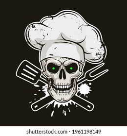 Grinning skull in chef hat with crossed barbecue tools. Cartoon chef skull in hand drawn style. Grill master, grunge vector illustration