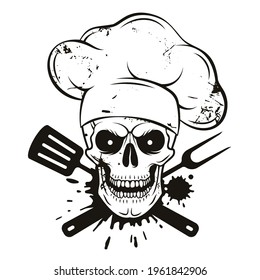 Grinning skull in chef hat with crossed barbecue tools. Cartoon chef skull in hand drawn style. Grill master, grunge vector illustration