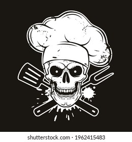 Grinning skull in chef hat with crossed barbecue tools. Cartoon chef skull in hand drawn style. Grill master, grunge vector illustration