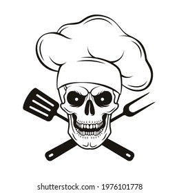 Grinning skull in chef hat with crossed barbecue tools. Cartoon chef skull in hand drawn style. Grill master, vector illustration
