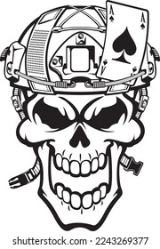 Grinning skull wearing military helmet with attached ace of spades card