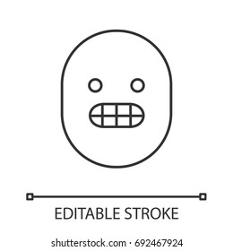 Grinning smiley linear icon. Grimacing emoticon. Thin line illustration. Excited face contour symbol. Vector isolated outline drawing. Editable stroke